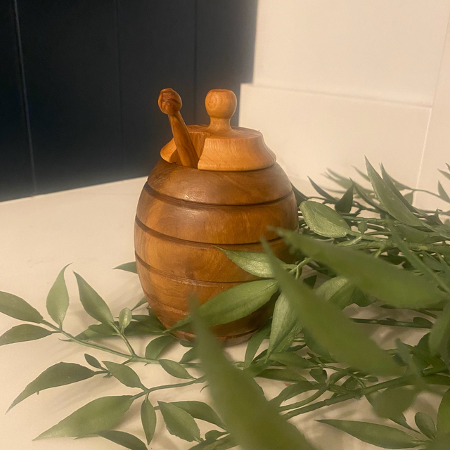 Handcrafted Olive Wood Honey Jar &amp; Dipper | Natural Mediterranean Honey Pot | Rustic Kitchen Gift