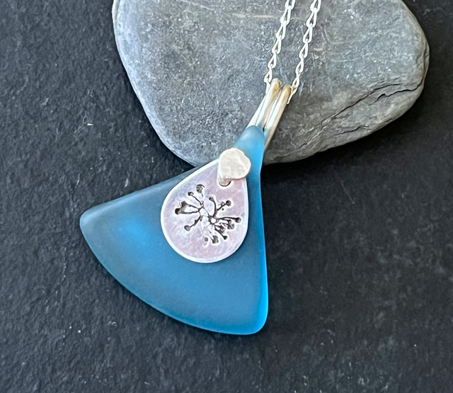 Triangular Sky Blue Glass Pendant with Recycled Sterling Silver Charm