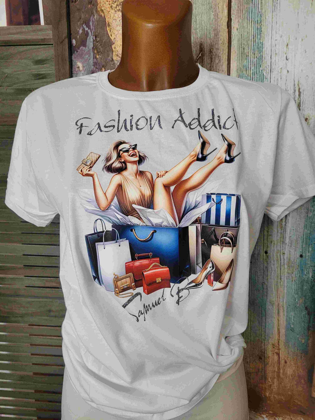 T-SHIRT BLANC FEMME FASHION ADDICT (A94)