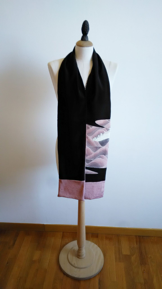 Black and Pink Color Japanese Silk Scarf, Pink Wave and Peony Flower Pattern, Made of Vintage Japanese Kimono, Gift for her, for Wedding