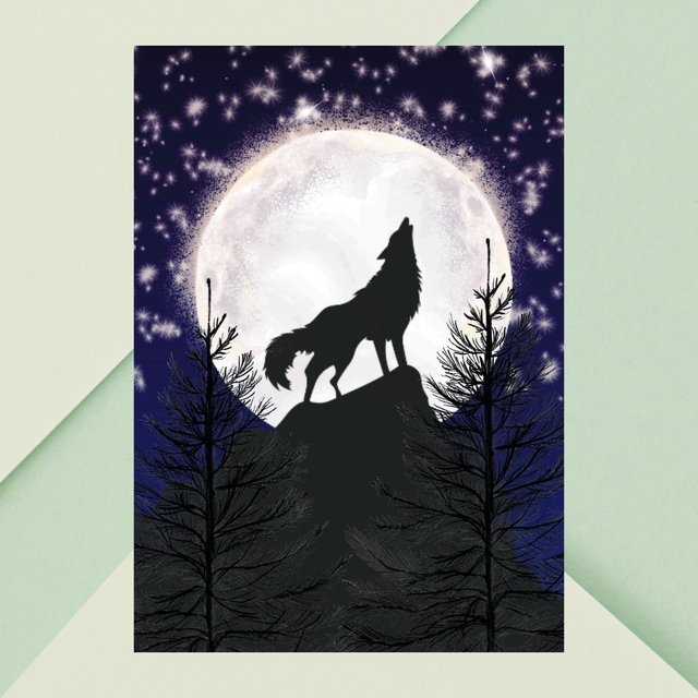 Impression de Loup Hurlant à la Pleine Lune - Décoration Murale Nocturne / Howling Wolf Under the Full Moon Print - Nocturnal Wall Decor