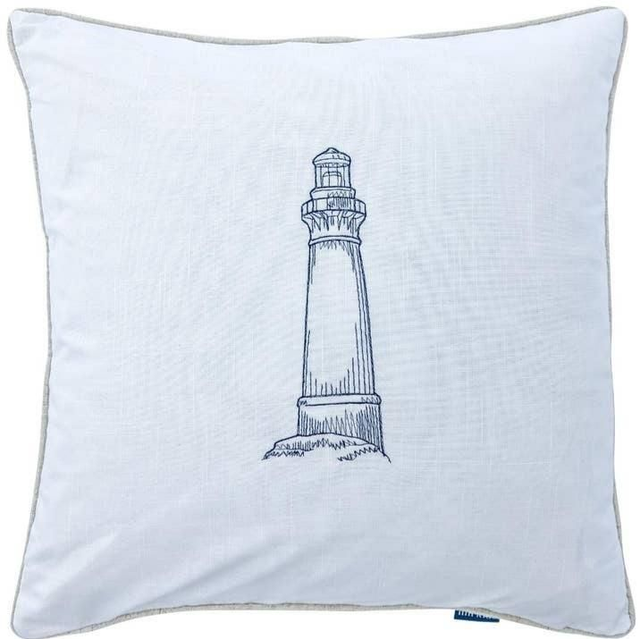 Handmade Kissenhülle maritim mit Stickerei Leuchtturm