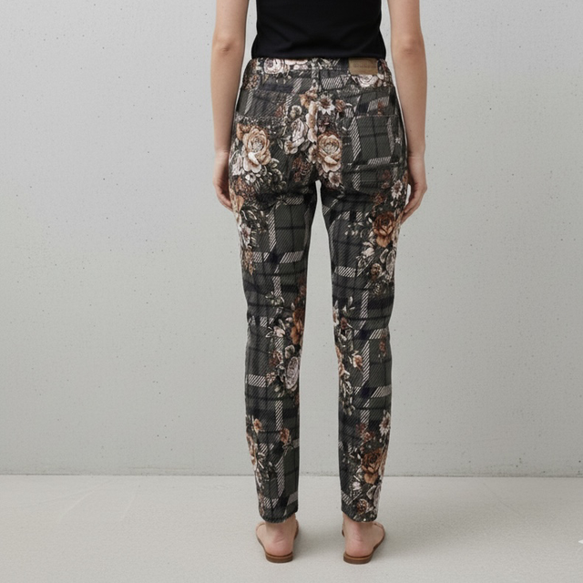 Jean Slim Place du Jour - Imprimé Floral et Carreaux Tartan - Kaki et Marron