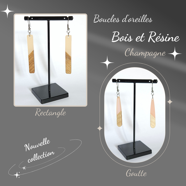 Boucles d&#039;oreilles CHAMPAGNE en Bois &amp; Résine
