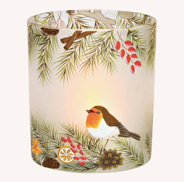 Waxinelichthouder met vogel roodborstje met dennentakken decor