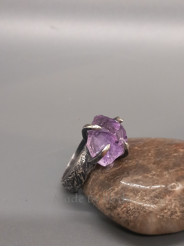 Raw Amethyst Claw Set Brutalist Style Sterling Silver Ring
