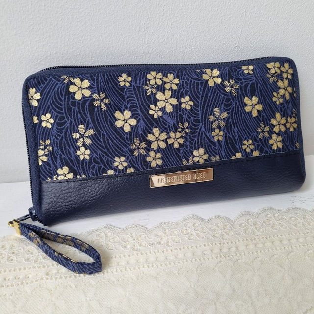 Portefeuille long zippé "Sakura" bleu doré & simili cuir bleu marine