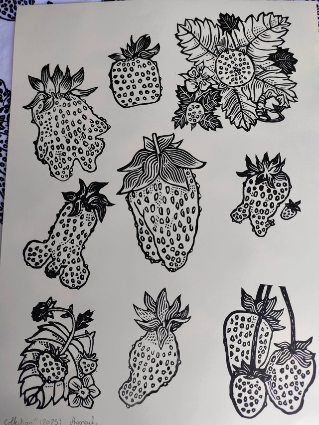 impression linogravure fraises "Collection" 24X32cm