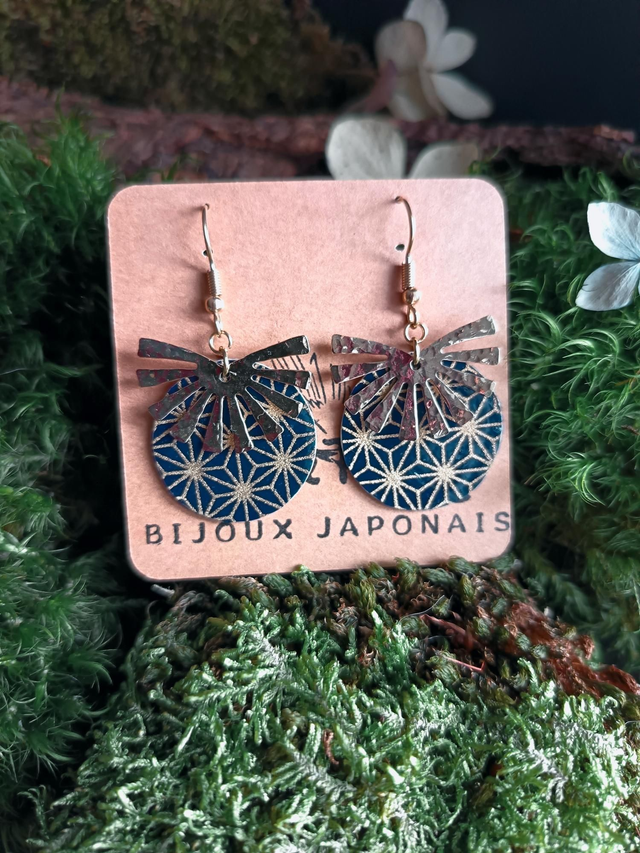 Boucles d'oreilles - crochets - papier washi - soleil - martelé - La&amp;Titia 