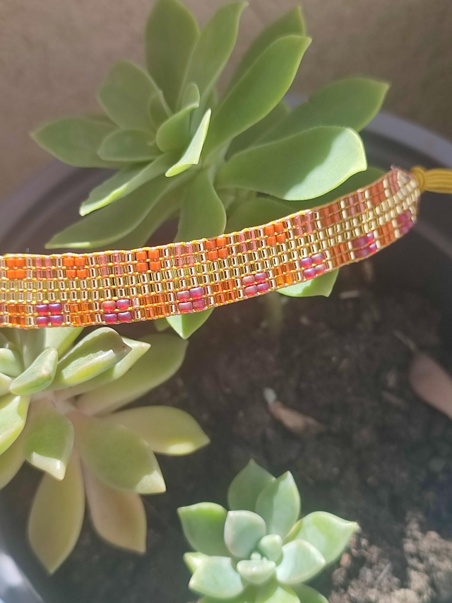 Z-Bracelet tissé main en perles de verre miyuki &quot;orange/ rose&amp; doré&quot; réglable par lien 