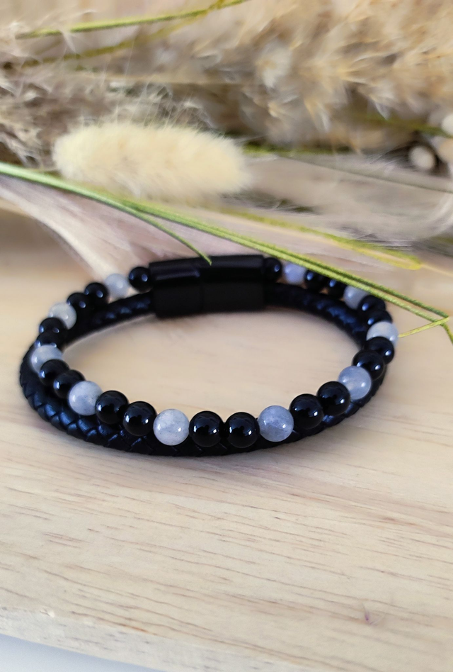 Bracelet Cuir noir "Protection" Labradorite et Onyx