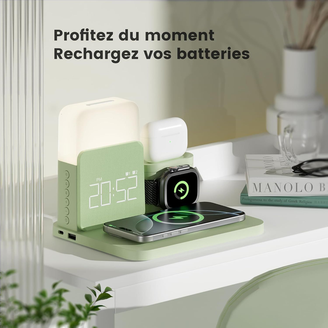 Station de Charge 3-en-1 COSLUS – Charge Sans Fil 15W, Réveil Lumineux & Lampe de Chevet (Vert)