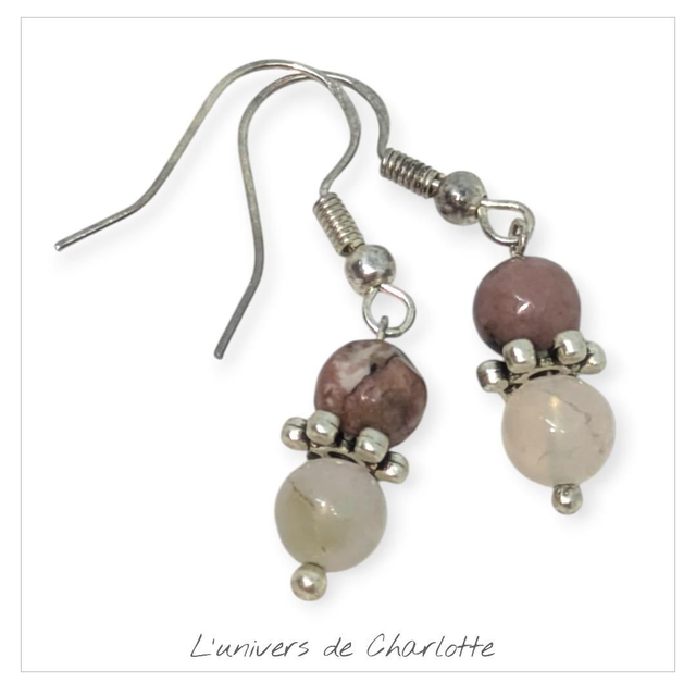 Boucles d&#039;oreilles &quot;Rhodonite/Agate fleur de cerisier&quot; BO-045
