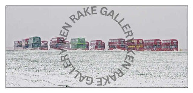    London Routemaster Buses in Snow, Wisley , Surrey  -  Print to fit A3 frame