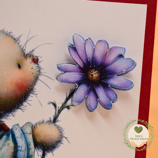 Whimsical Bunny 5 x 5 Card | Purple Flower Illustration on Deep Red Base