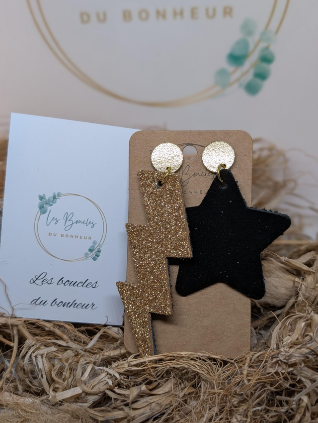 Boucles d&#039;oreilles Asymétrique noir doré paillettes bm1116