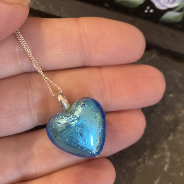Sterling Silver Metallic Blue Murano Glass Heart Pendant 18" Necklace