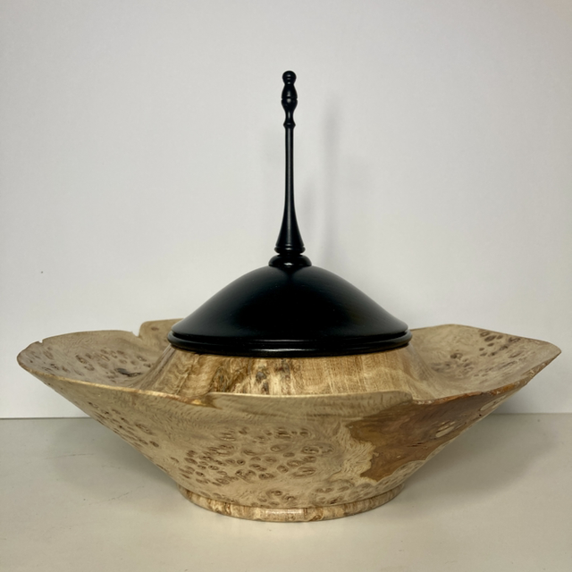 English oak burr finial pot 