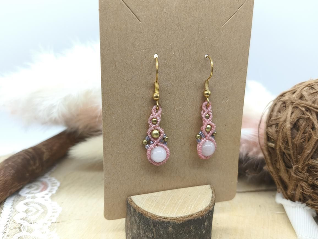 Boucles d'oreilles perles laiton, perles miyuki et perles quartz rose 