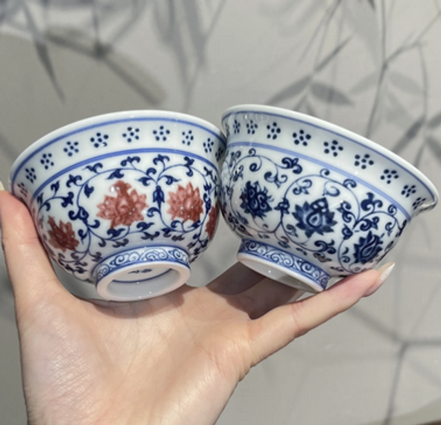Antique-style light blue underglaze lotus scroll master cups【仿古灰胎浅蓝釉下工艺缠枝莲主人杯】