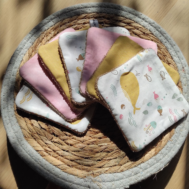 Lingettes lavables "Baleine ocre/rose"