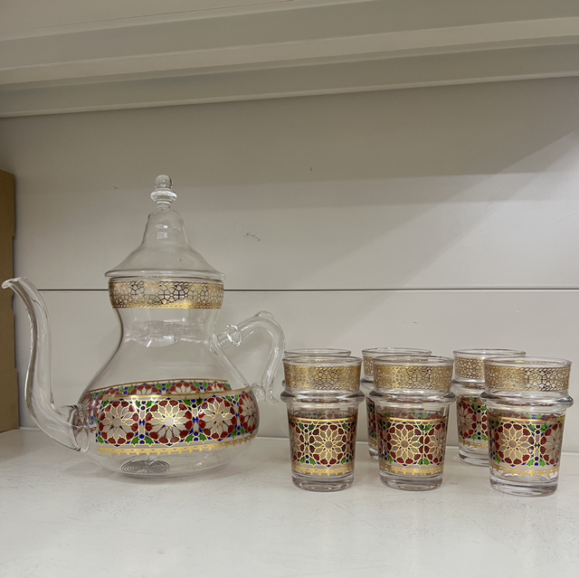 Théière en verre + 6 verres "Zelij rouge"