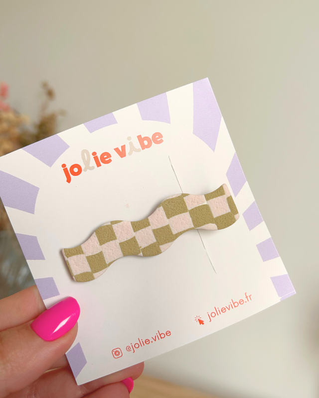 Barrette vague - Carreaux vert et rose pastel