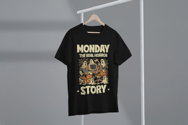 Monday The Real Horror Story, Halloween Humor, Monday. Montag Die wahre Horrorgeschichte, Halloween-Humor, Montag