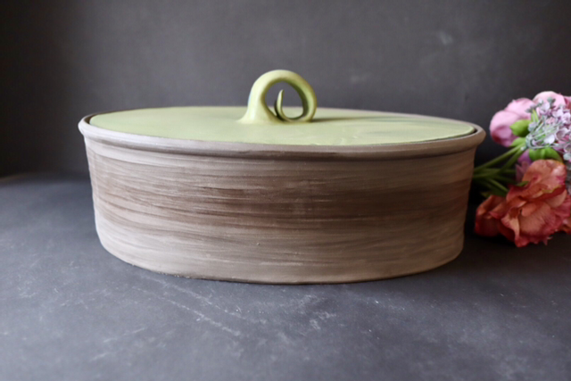 Large Oval Bread Crock, Handmade Pottery, charcoal/dark brown, nature forest colors, eye-catcher