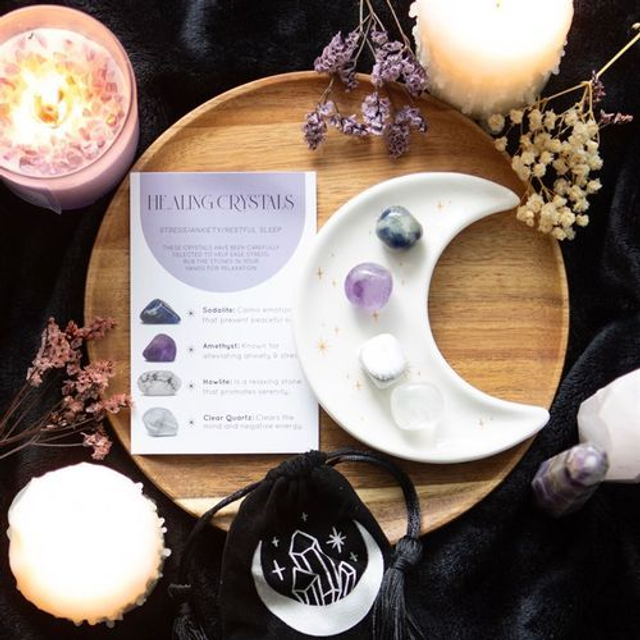Crystal Healing Sets with Moon Trinket Dish