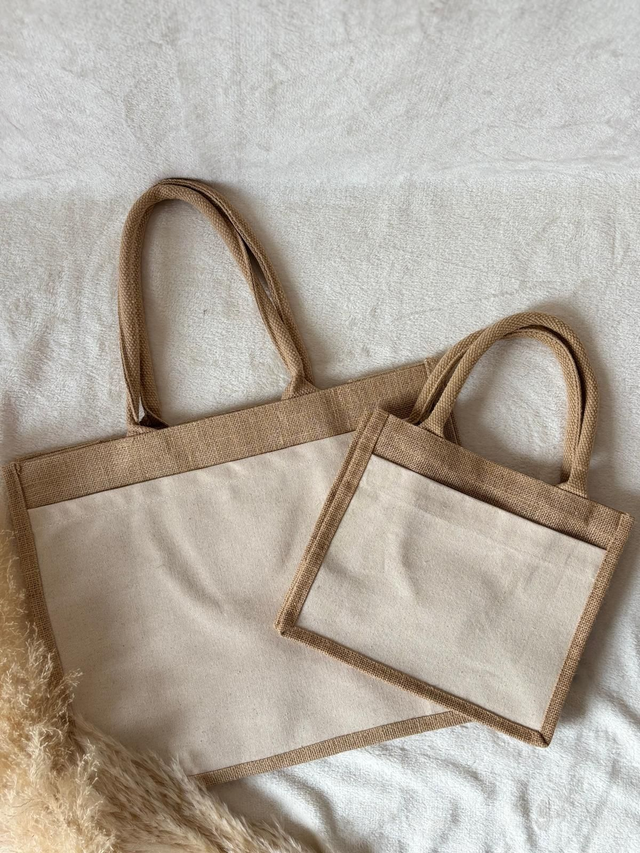 Sac en toile de jute naturel + pochette beige avant à partir de