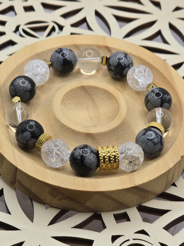 Bracelet Obsidienne flocon & Cristal de roche XL 1,2 cm