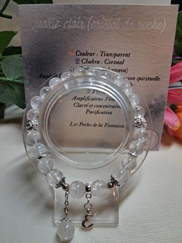 Bracelet en Quartz clair, cristal de roche + carte chakra incluse