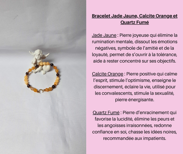138- Bracelet Jade Jaune, Calcite Orange et Quartz Fumé