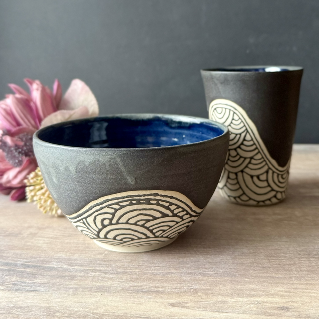 Stoneware Tumbler & Cereal Bowl Set, minimalist clean design, black | wheel-thrown, hand-drawn wave patterns inspired by Japanese patterns