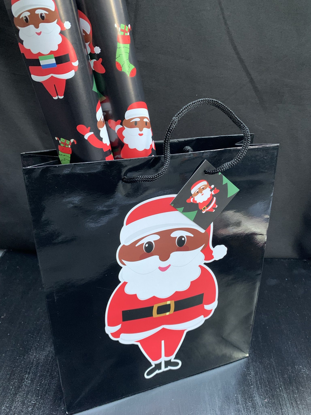 Black Afro Carib Santa Print Gift Bag &amp; Wrapping Paper Set 