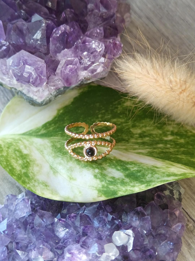 Bague ajustable acier doré, agate noire