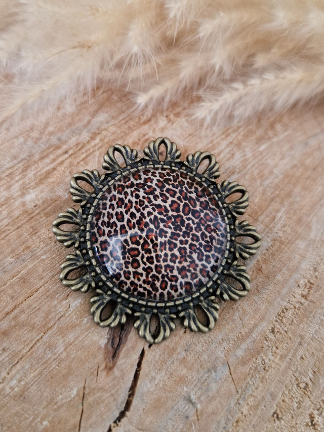 Broche cabochon "Imprimé léopard" - Support bronze