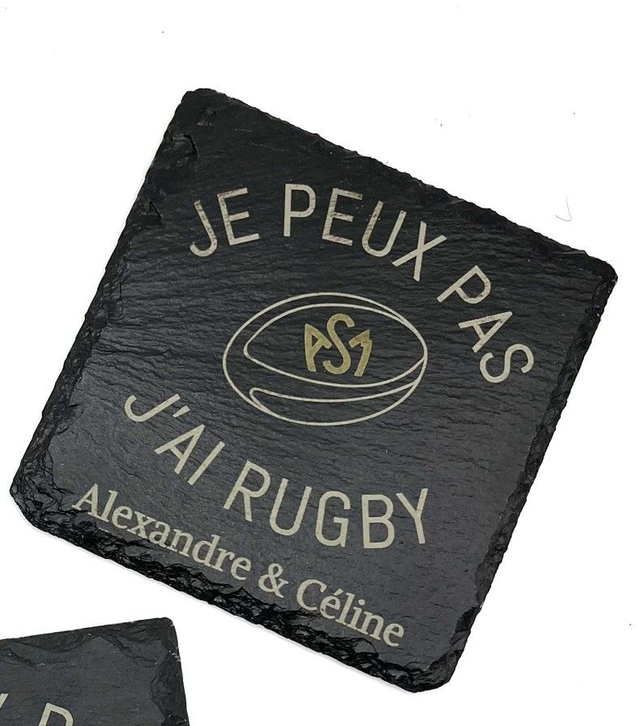 Dessous de verre ardoise "Je peux pas J'ai rugby"