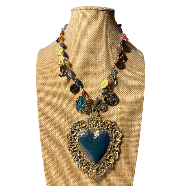 Collana cuore ex-voto blu petrolio 25DN-1