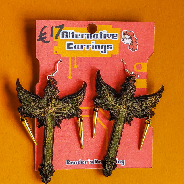 Gold and Black Cross with Spikes - Alternative - Earrings  [EAR-ALT-SWCRO-GB]