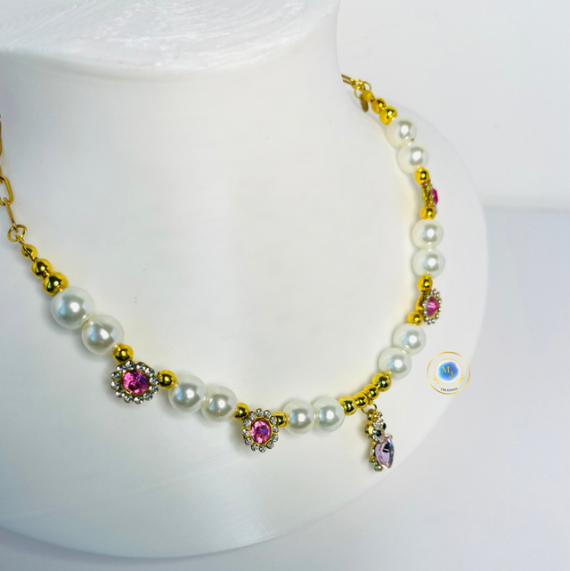 Handgemaakte Ketting met Glazen Parelkralen & Roze Kristallen | MJ Creations 