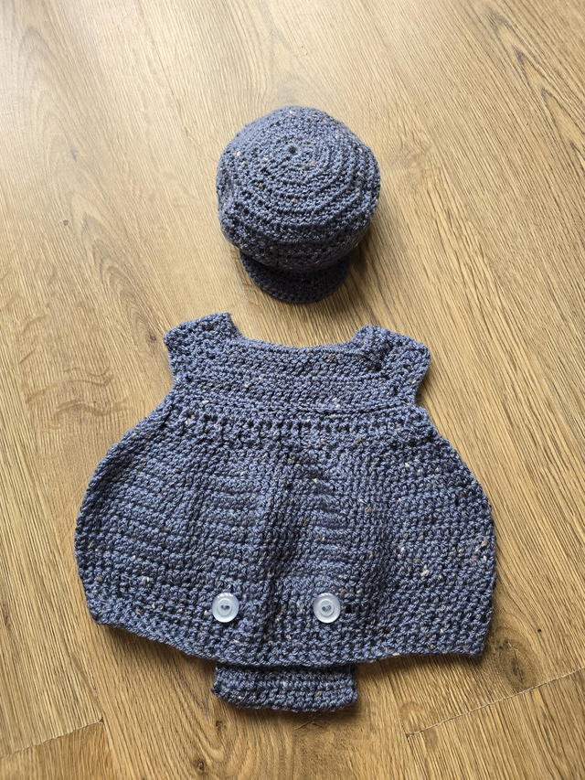 Crochet Blue Marl Baby Romper Cap Hat Set Prem To 3 Months
