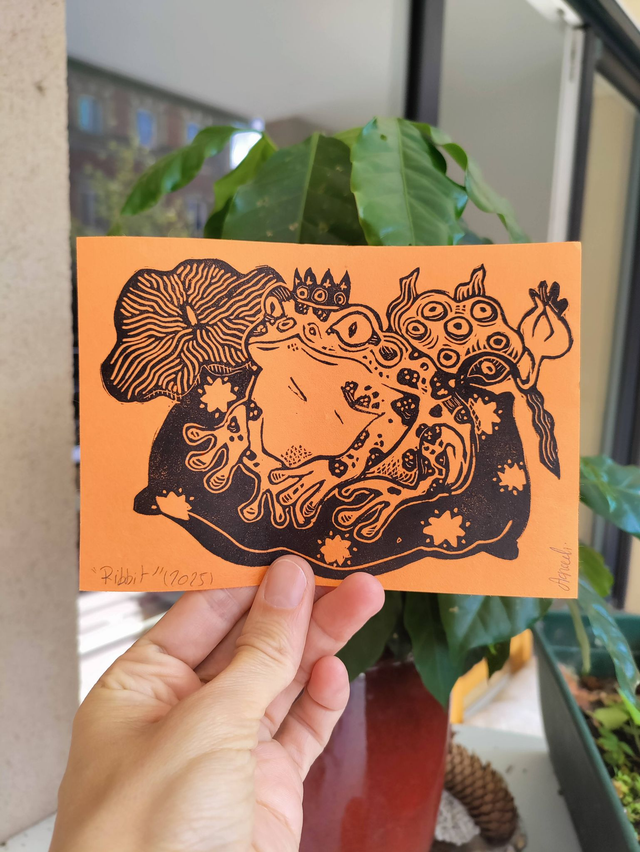 La reine grenouille "Ribbit" , linogravure format 10X15cm