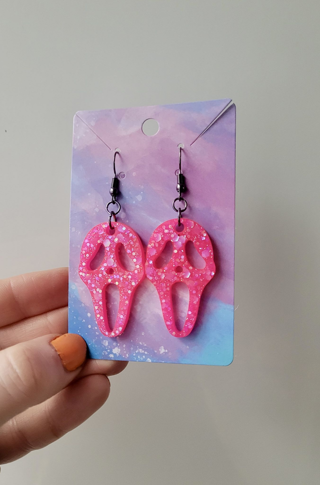 Earrings | Ghostface - Scream - Hot Pink Glitter Earrings | Stainless Steel Hooks - Gunmetal Black Hooks