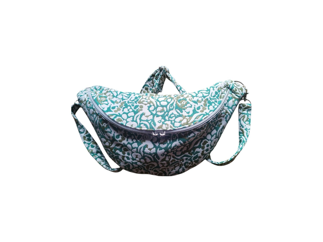 Sac banane en tissu jacquard de coton tricolore beige vert et bronze doré