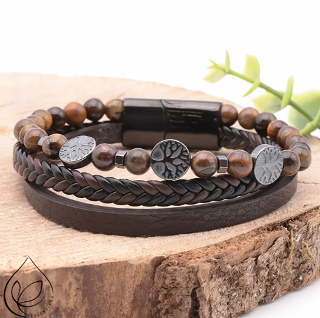 BRACELET ESSENTIANA KORU CUIR BRUN ET OEIL DE TIGRE qualité A