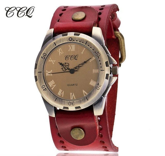 montre mixte  vintage retro cadran acier inoxydable et son bracelet cuir de vache rouge