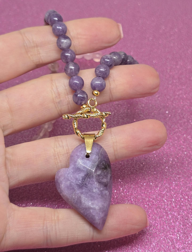 Collier Lépidolite, Quartz fraise, Quartz rose, Cristal de roche en 0,6 cm