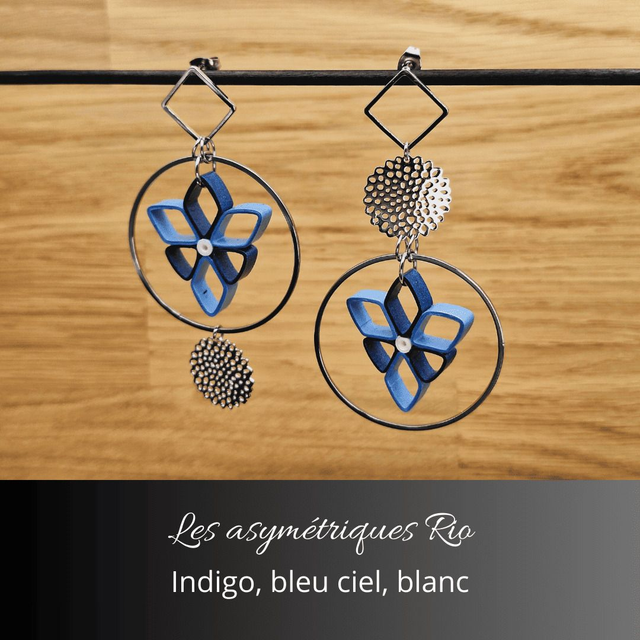 Boucles d&#039;oreilles asymétriques Rio - Indigo bleu ciel et blanc
